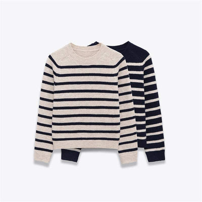 Women's round neck loose striped knit sweaters in apricot and black colors, casual pullover style