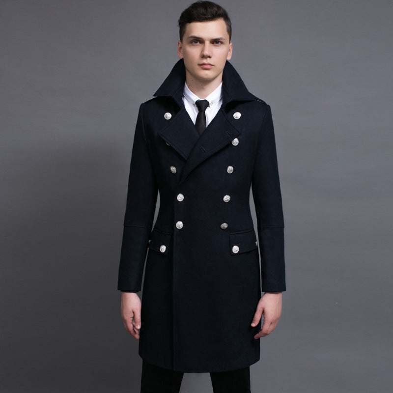 man wearing dark blue double-row retro woolen coat with silver buttons and black tie