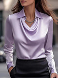 Dames Swing Collar Gedrapeerde Shirts & Blouses Elegante Effen Satijnen Kantoor Dames Top Pullover Lente Lange Mouw Casual Tops Mijn winkel