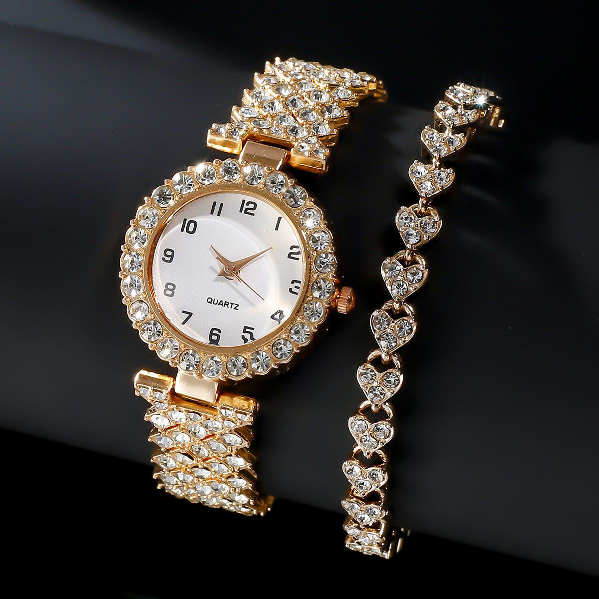 luxe dames quartz horloge en armband set met gouden sieraden en kristalsteen decoratie