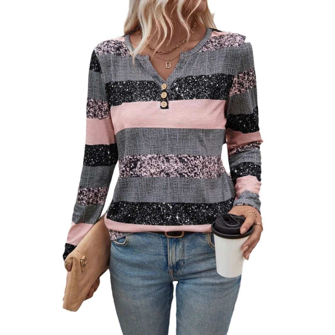 Gestreepte V-hals 3D-geprinte casual trui Nexora Store