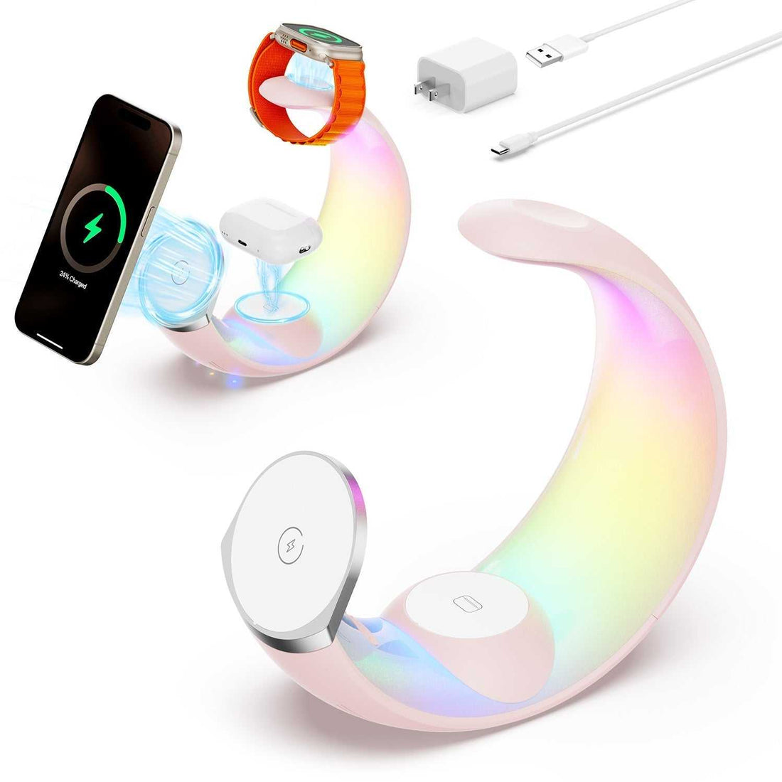 4-in-1 draadloze opladerstandaard met magnetische houder en regenboogverlichting voor Apple apparaten