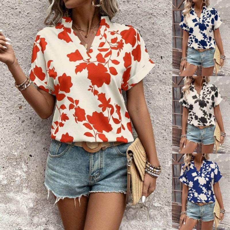 Dames casual los overhemd met grote bloemenprint, V-hals en vleermuismouwen in verschillende kleuren
