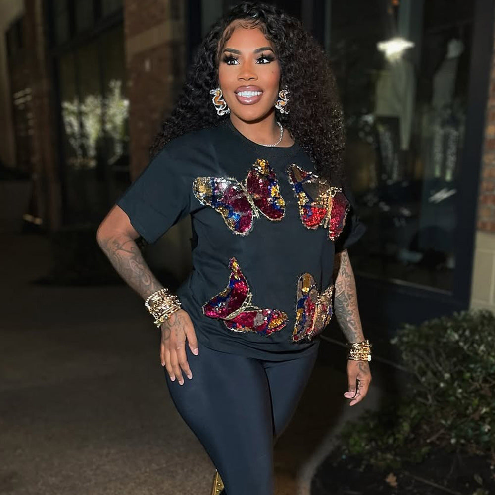 Personality Street Sequin geborduurde ronde hals dames korte mouw Nexora Store