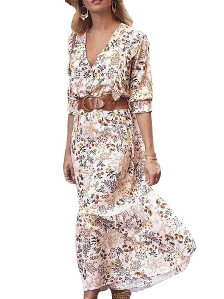 Beige jurk met lange mouwen en bloemenprint en V-hals Nexora Store