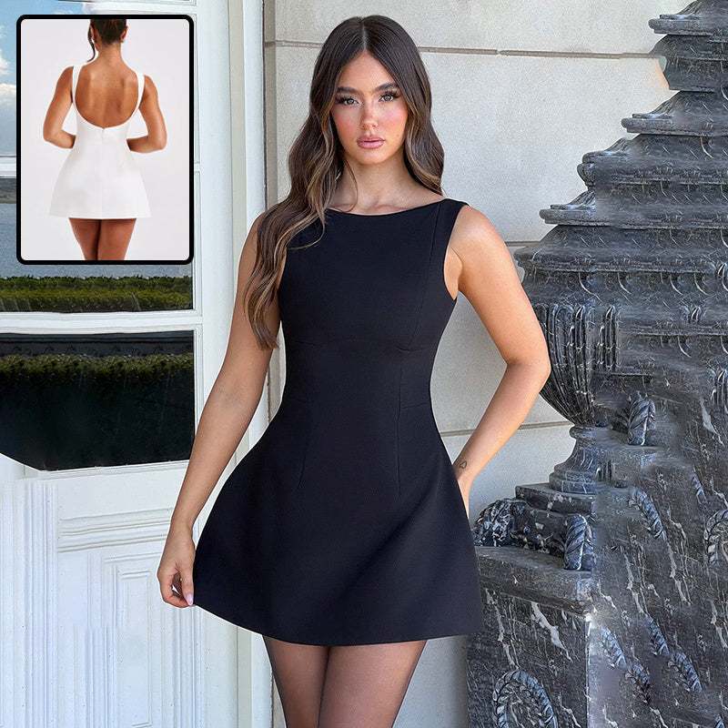 Sexy nauwsluitende mouwloze korte jurk zonder rug in zwart met hoge taille en polyester stof