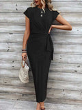 Elegante gestreepte jurk met tailleband, ronde hals, korte mouwen en lang patroon Nexora Store