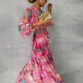 Lange mouwen bloemenprint jurk elegante V-hals geplooide hoge taille grote swing chiffon maxi-jurken voor dameskleding Nexora Store