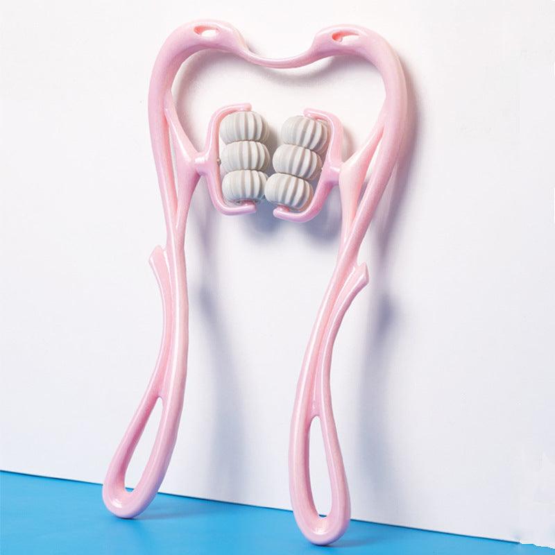 roze ergonomisch nekmassage-apparaat met zes wielen en 360° roterende massageballen