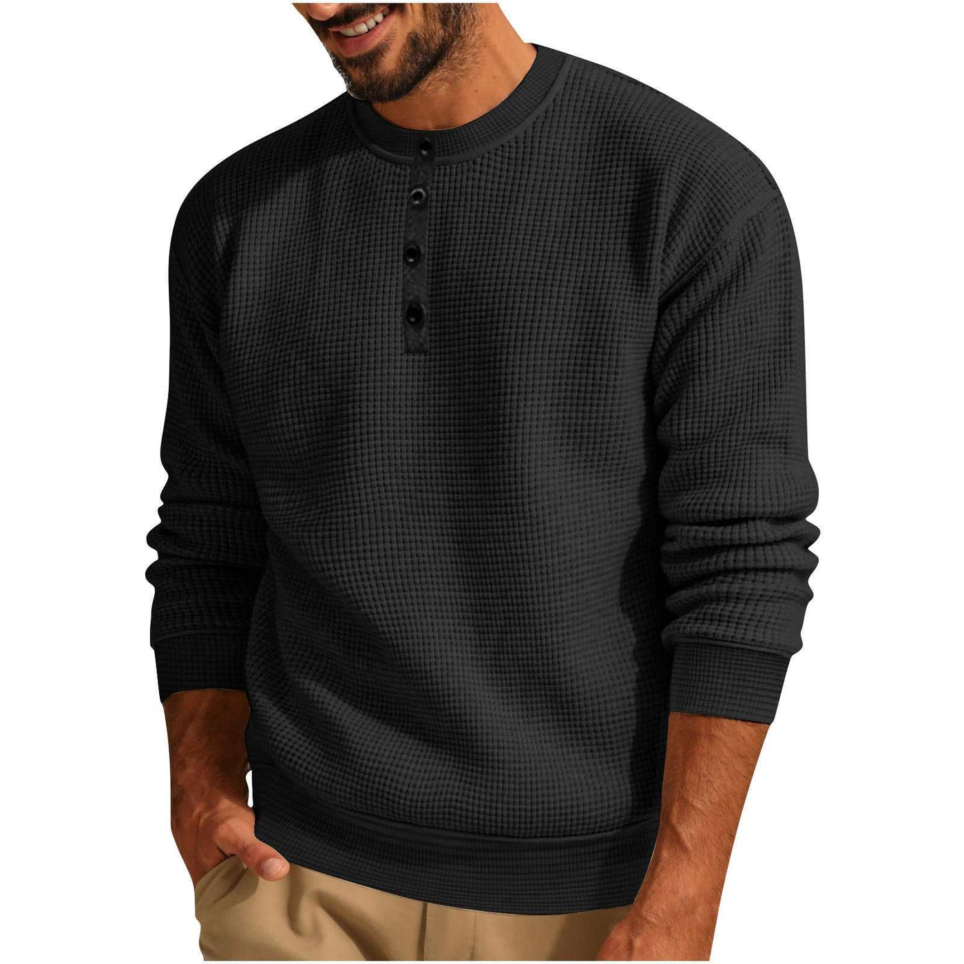 Solid Color Loose Casual Round Neck Long Sleeve Waffle Henley Shirt Nexora Store
