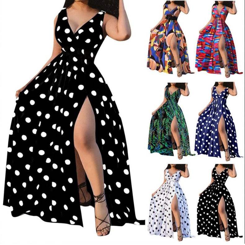 Sexy Jurken Dames lange bandjesjurk met wijde rok en hoge split in verschillende prints en kleuren