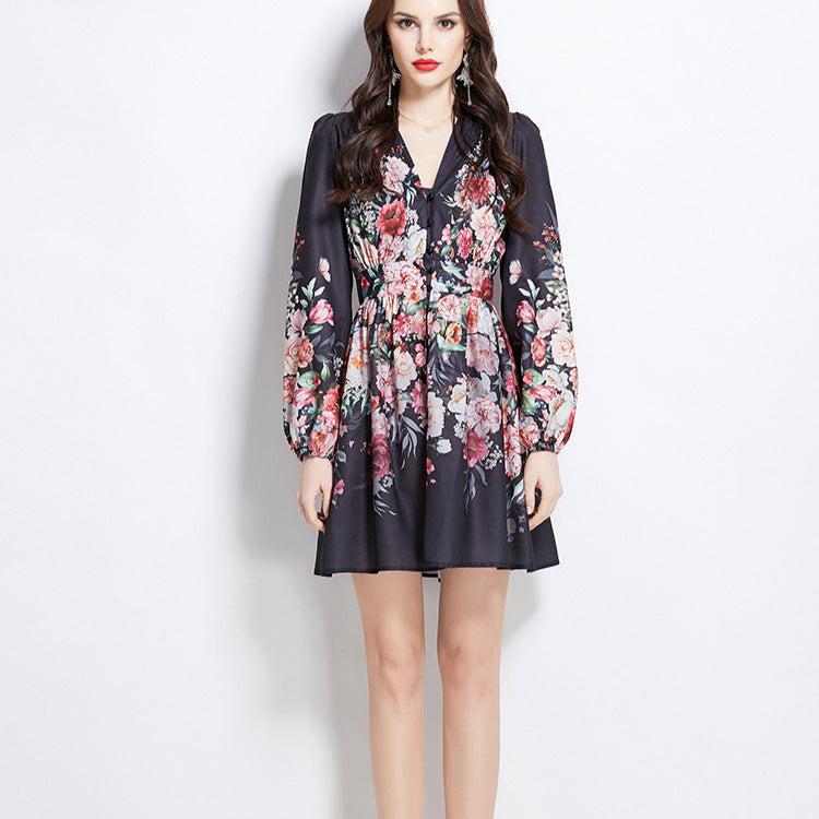 Franse retro mode jurk voor vrouwen met bloemenpatroon en lange mouwen in zwart en abrikooskleur