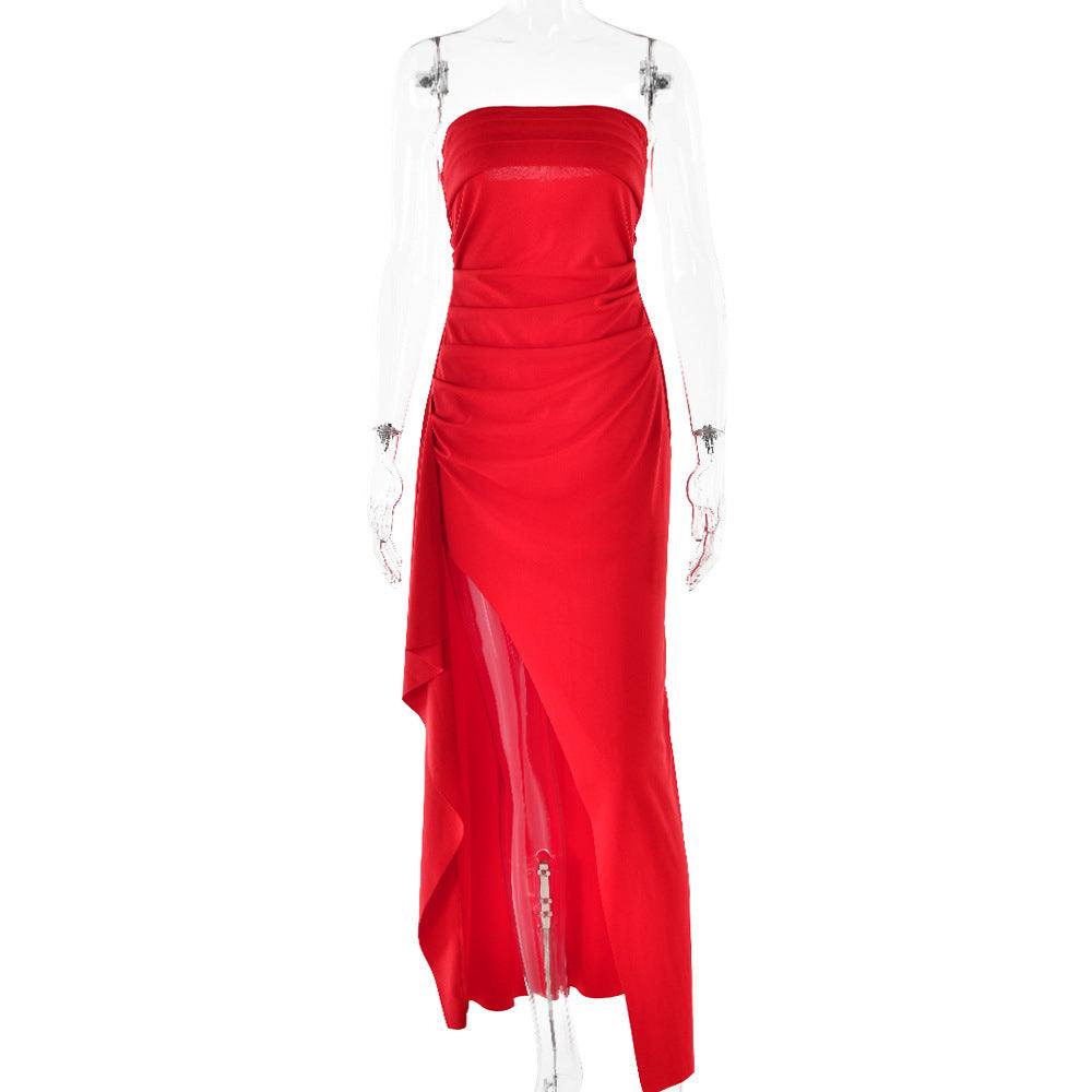Rode strapless split lange jurk met geplooide details voor damesfeest en bruiloften