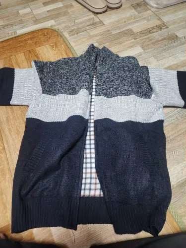 NNEOBA Mens Fleece navy blue zip-up cardigan sweater with contrast stripes and mandarin collar for winter